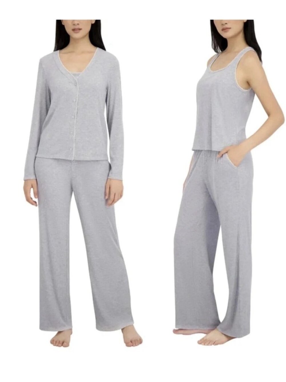 Live 2 Lounge Ribbed Cardigan Tank & Pant 3-Piece Set XL Gray